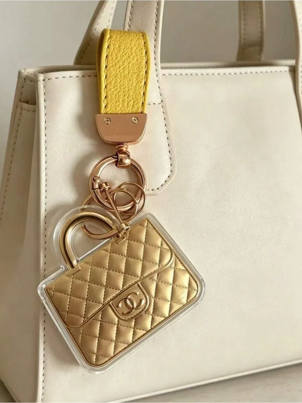 Gold Quilted Handbag Key Holder with Yellow Strap